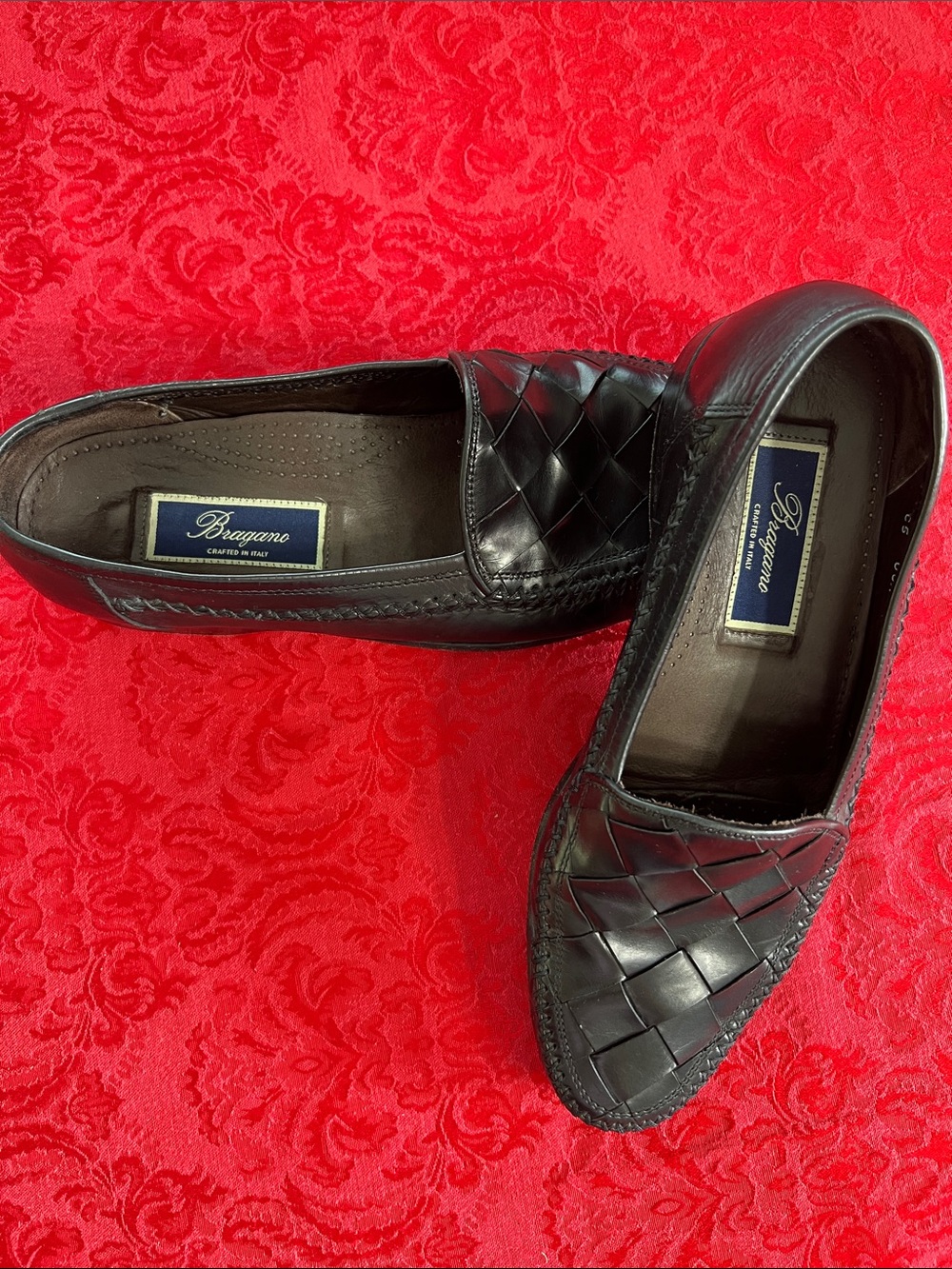 Bragano Men’s Black Woven Leather Loafers 9.5 Made in Italy Slip On Shoes